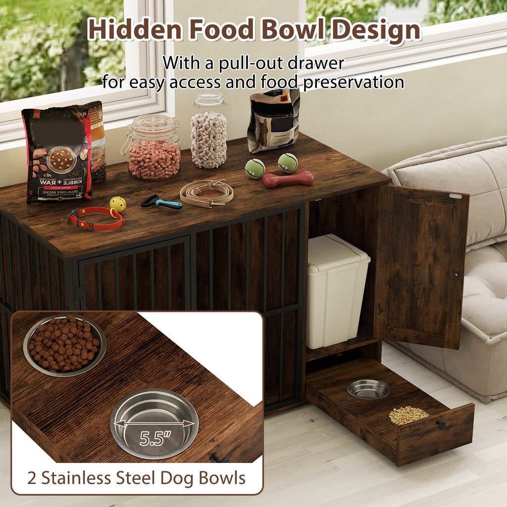 47.5-Inch Dog Crate Furniture with Storage and Pull-Out Feeding Bowls – Rustic Brown