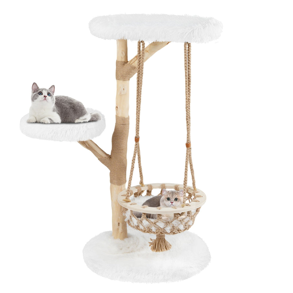 48.5-Inch Solid Pear Wood Cat Tree with Hanging Cradle and Jute Scratcher – White