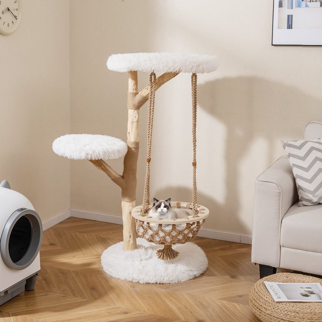 48.5-Inch Solid Pear Wood Cat Tree with Hanging Cradle and Jute Scratcher – White