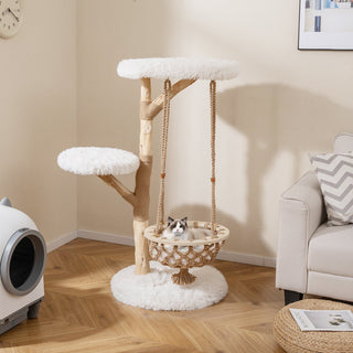 48.5-Inch Solid Pear Wood Cat Tree with Hanging Cradle and Jute Scratcher – White