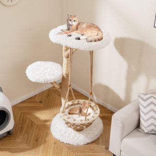 48.5-Inch Solid Pear Wood Cat Tree with Hanging Cradle and Jute Scratcher – White