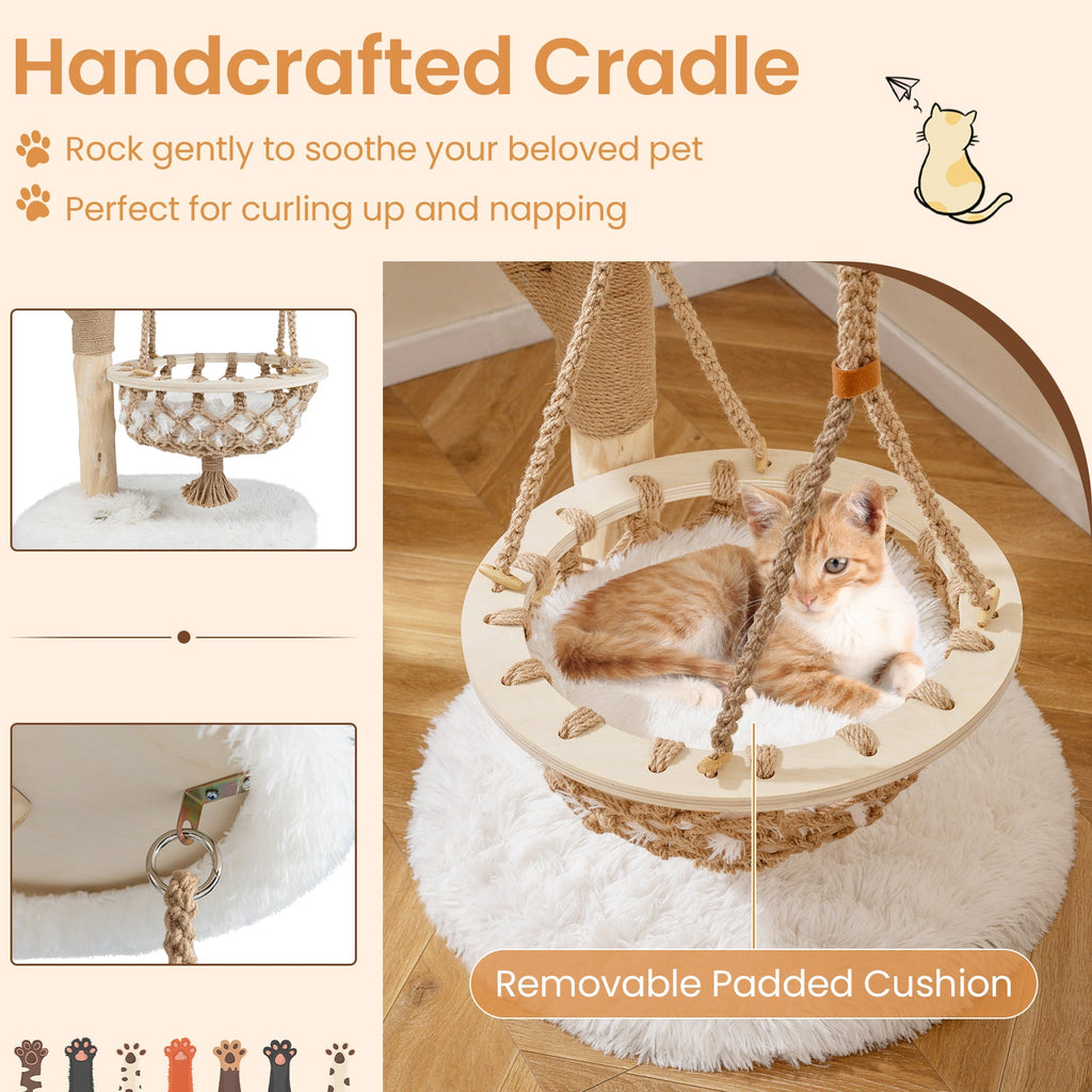 48.5-Inch Solid Pear Wood Cat Tree with Hanging Cradle and Jute Scratcher – White