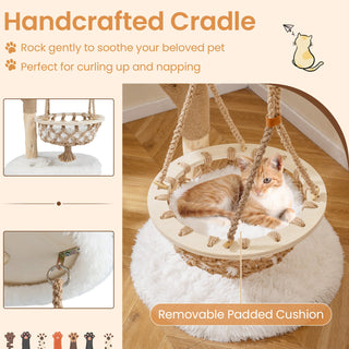 48.5-Inch Solid Pear Wood Cat Tree with Hanging Cradle and Jute Scratcher – White