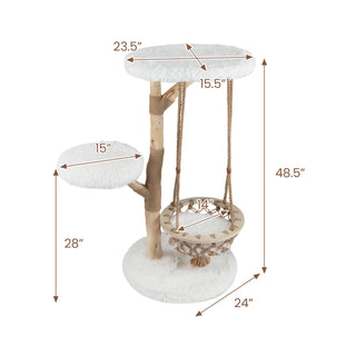 48.5-Inch Solid Pear Wood Cat Tree with Hanging Cradle and Jute Scratcher – White