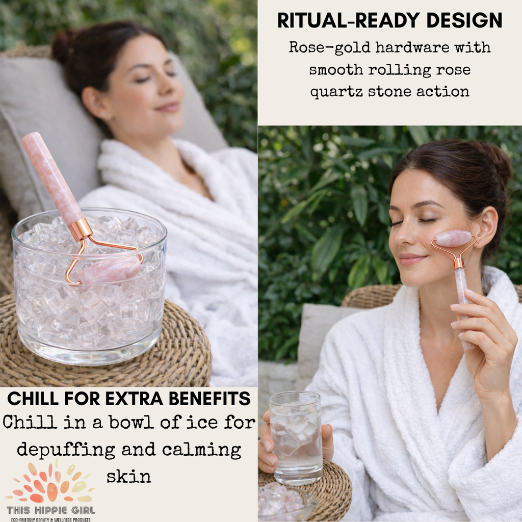 Rose Quartz Facial Roller – Cooling & Depuffing Massage Tool in Rose Gold
