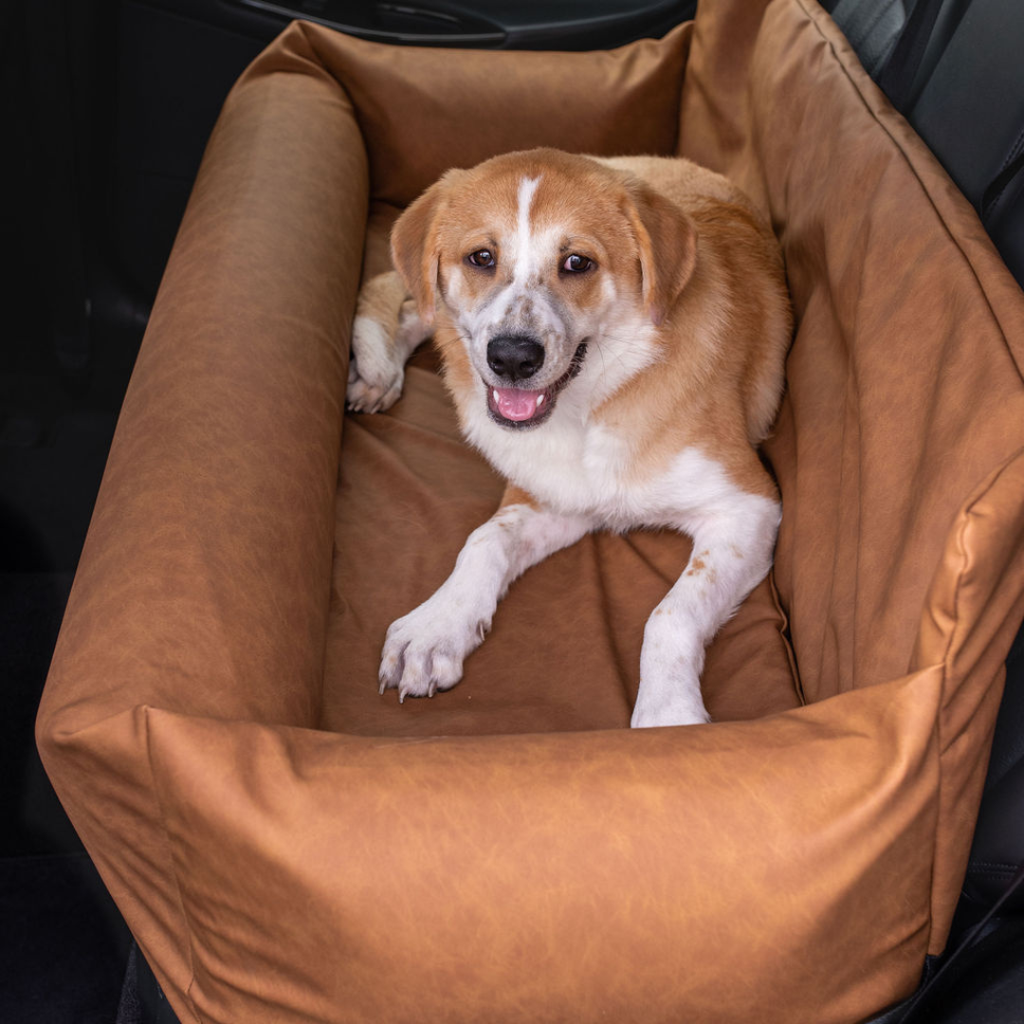 PupProtector™ Vegan Leather Memory Foam Dog Car Bed – Camel