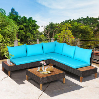 4-Piece Cushioned PE Rattan Patio Furniture Set with Acacia Wood Tables