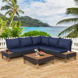 4-Piece Cushioned PE Rattan Patio Furniture Set with Acacia Wood Tables