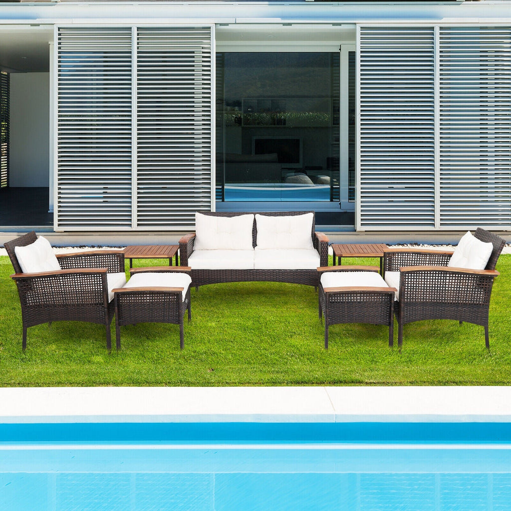 7-Piece Mixed Brown PE Rattan Patio Conversation Set with Cushions