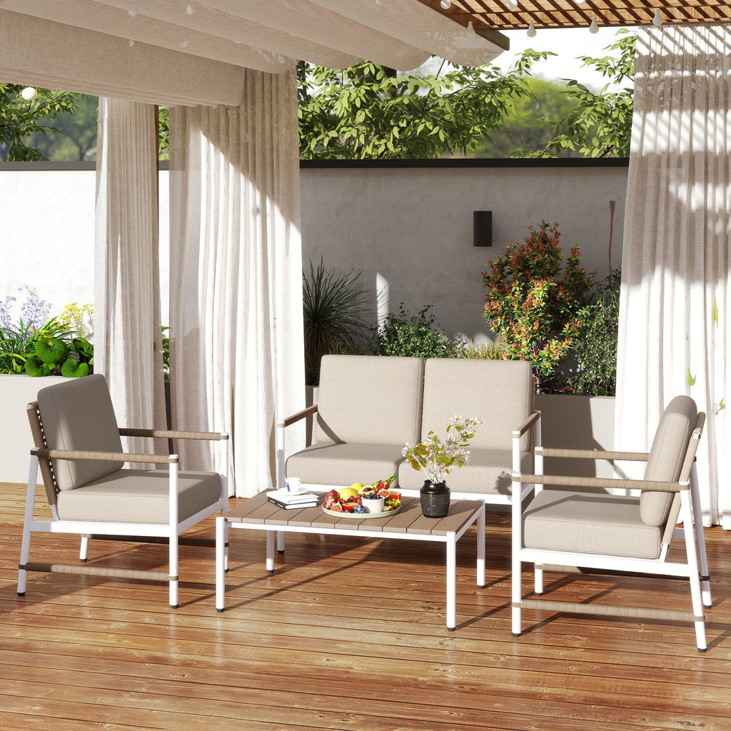 4-Piece Aluminum and PE Rattan Patio Conversation Set with Gray Cushions and Coffee Table