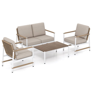4-Piece Aluminum and PE Rattan Patio Conversation Set with Gray Cushions and Coffee Table