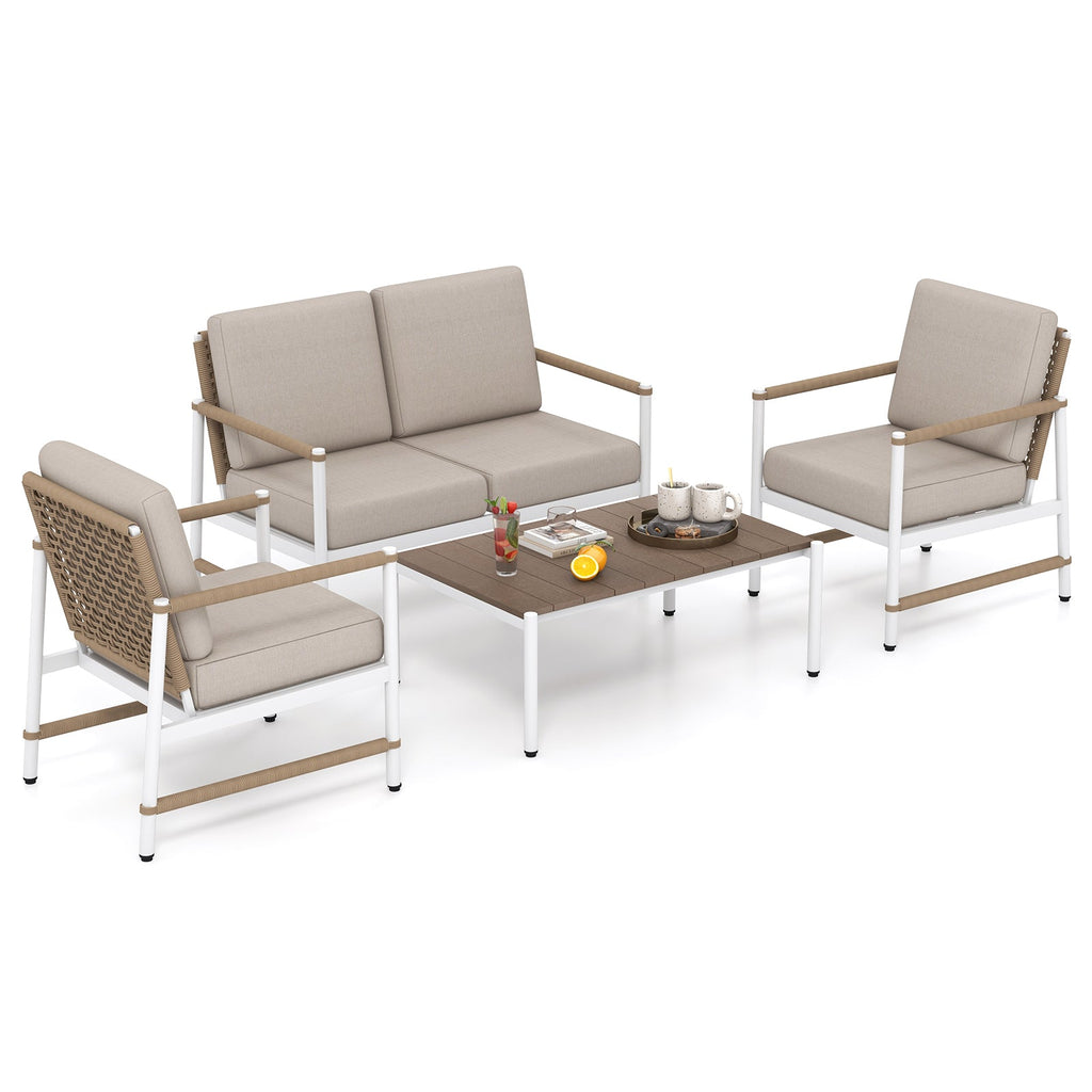 4-Piece Aluminum and PE Rattan Patio Conversation Set with Gray Cushions and Coffee Table