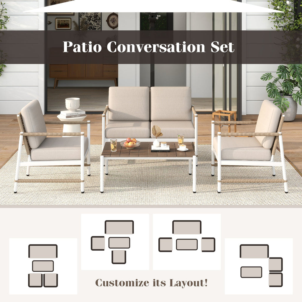 4-Piece Aluminum and PE Rattan Patio Conversation Set with Gray Cushions and Coffee Table