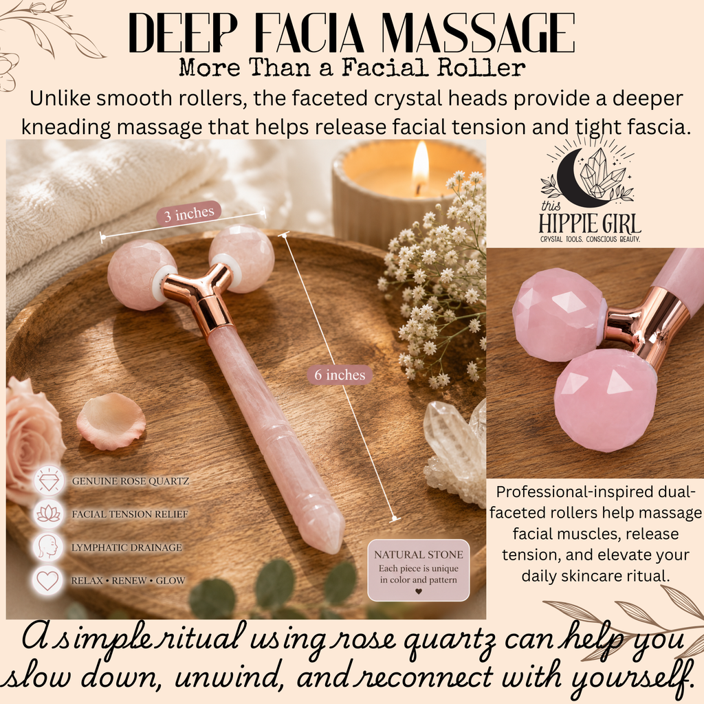 Rose Quartz Tension Ritual™ Roller – 3D Faceted Crystal Face & Neck Massager