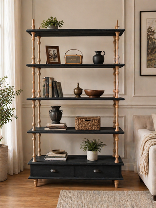 Tall Wood Open Display Shelf with Drawer Storage