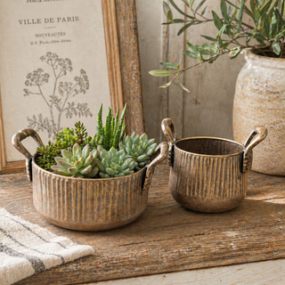 Set of 2 Vintage Ribbed Metal Planters with Rustic Handles