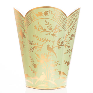 Spring Green & Gold Chinoiserie Wastepaper Basket & Tissue | Elegant Bath Décor