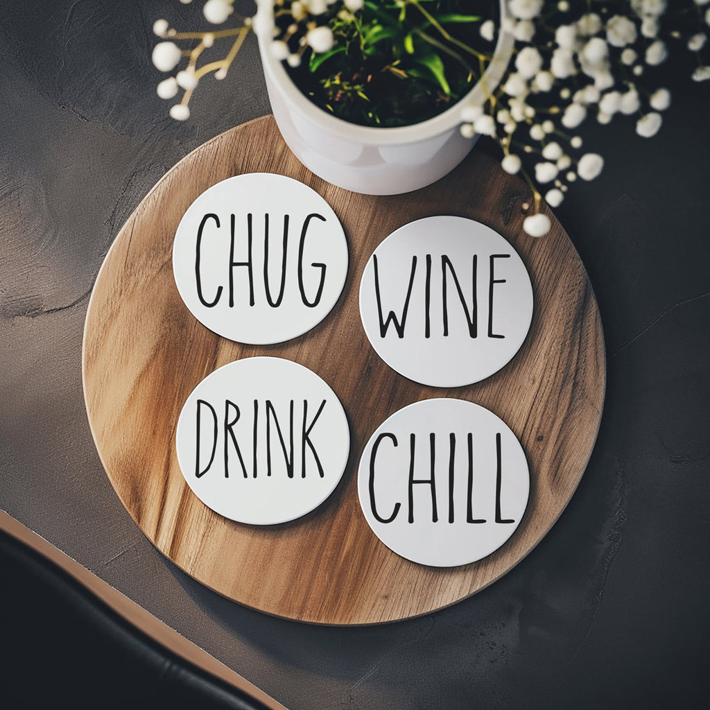 One Word Ceramic Coasters – Minimalist Bar & Coffee Table Collection (4