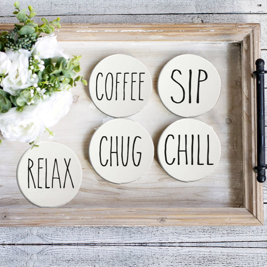One Word Ceramic Coasters – Minimalist Bar & Coffee Table Collection (4