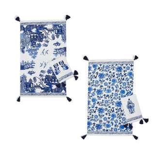 Chinoiserie Embroidered Dish Towels with Tassels – Blue & White Cotton Kitchen Towels