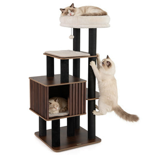 53.5-Inch Wooden Cat Tree with Padded Top Perch and Condo – Brown