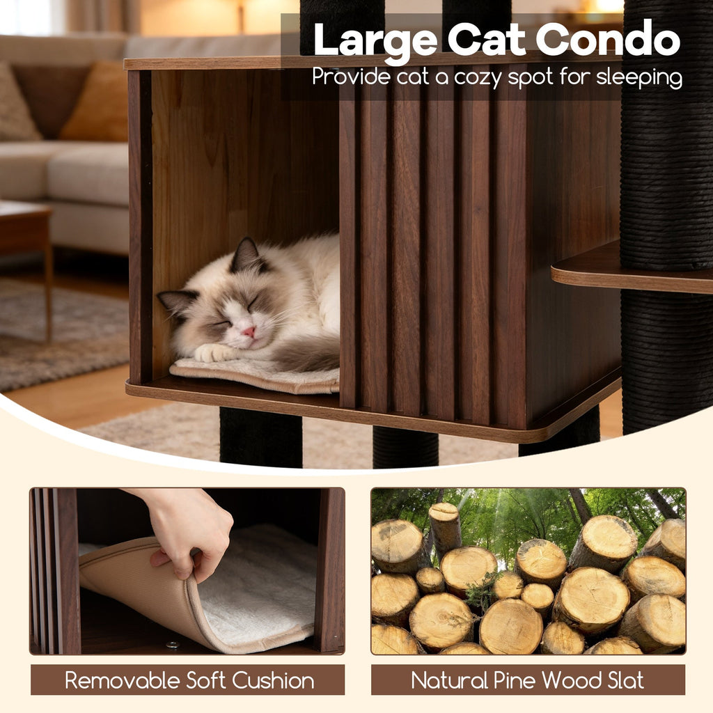 53.5-Inch Wooden Cat Tree with Padded Top Perch and Condo – Brown