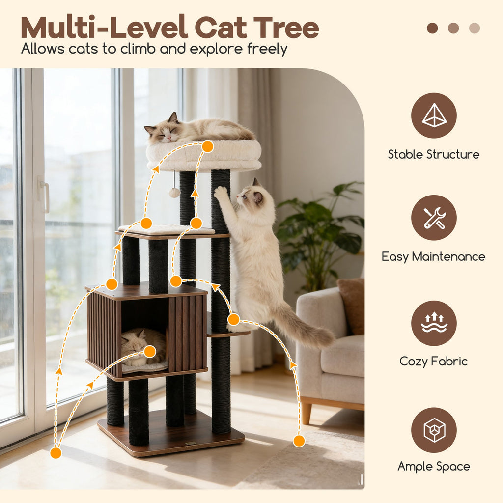 53.5-Inch Wooden Cat Tree with Padded Top Perch and Condo – Brown