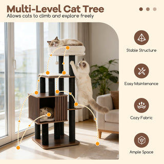 53.5-Inch Wooden Cat Tree with Padded Top Perch and Condo – Brown