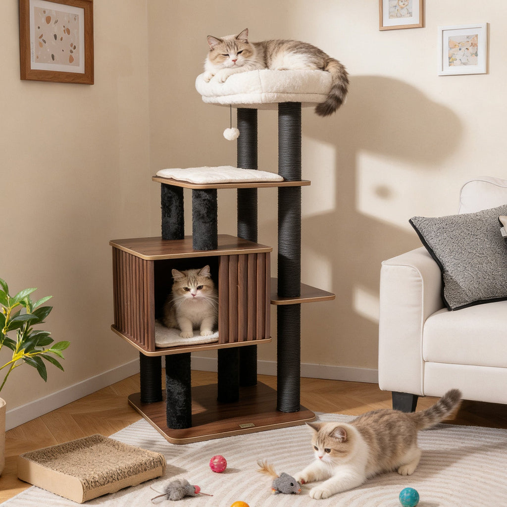 53.5-Inch Wooden Cat Tree with Padded Top Perch and Condo – Brown