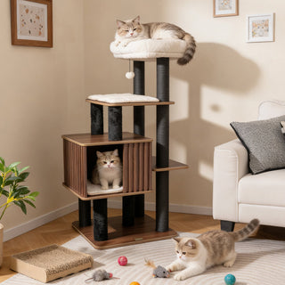 53.5-Inch Wooden Cat Tree with Padded Top Perch and Condo – Brown