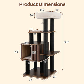 53.5-Inch Wooden Cat Tree with Padded Top Perch and Condo – Brown