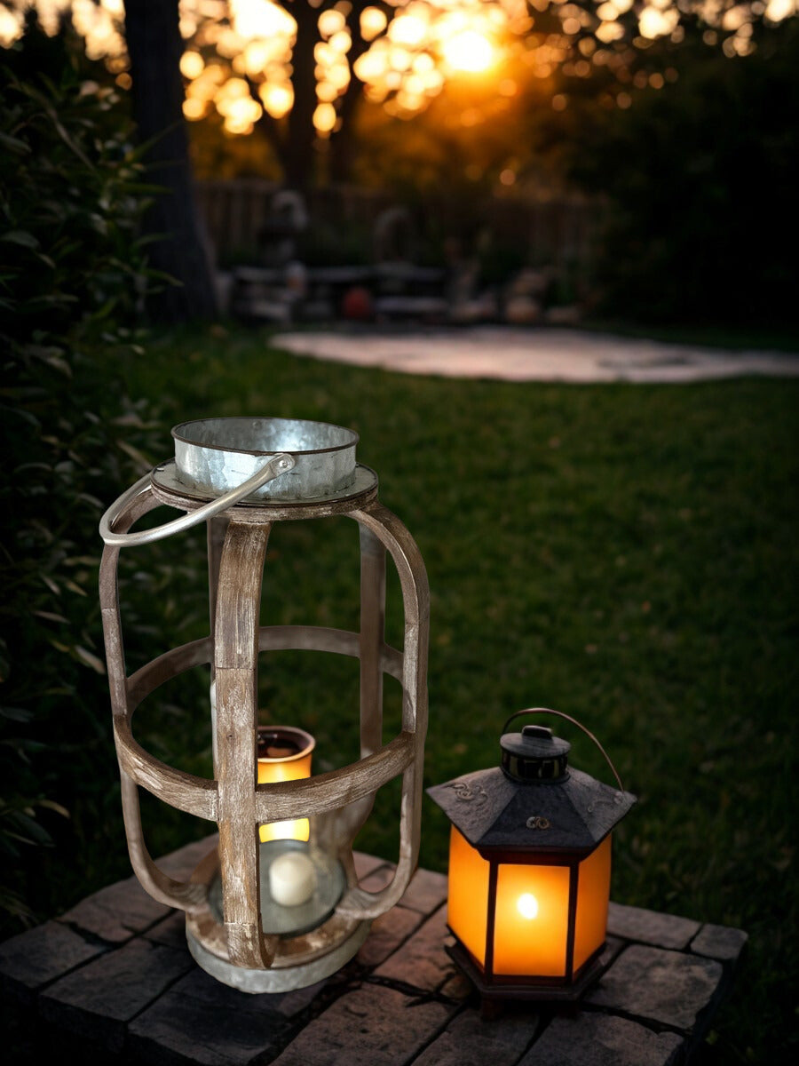 Rustic Wood and Metal Lantern with Glass Hurricane