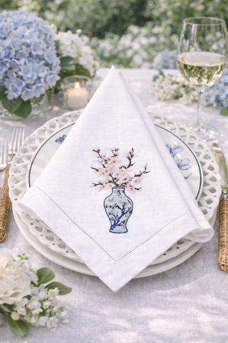 Set of 4 Cherry Blossom Embroidered Dinner Napkins