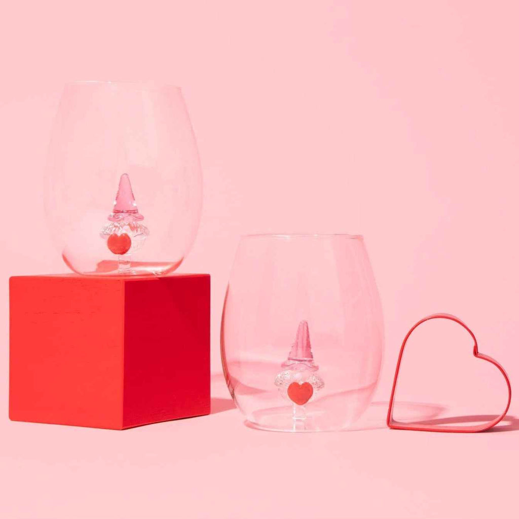 3D Heart Gnome Stemless Wine Glasses – Set of 2