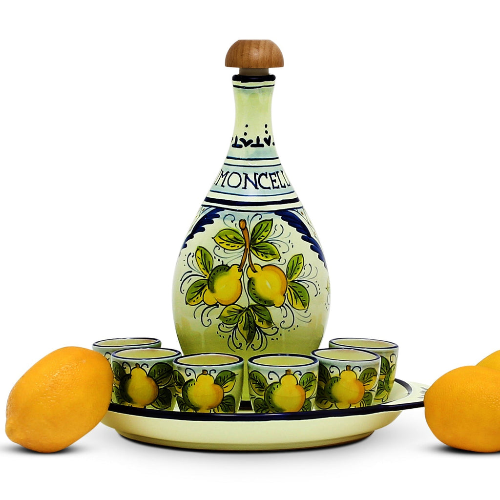 Limoncello Serving Set with Bottle, Tray & 6 Shot Glasses – Blue Trim