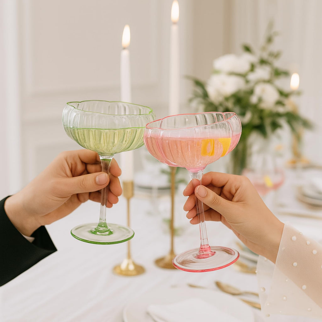 Flower Coupe Cocktail Glasses Set of 4 – Bright Multicolor Barware for Parties & Gifts