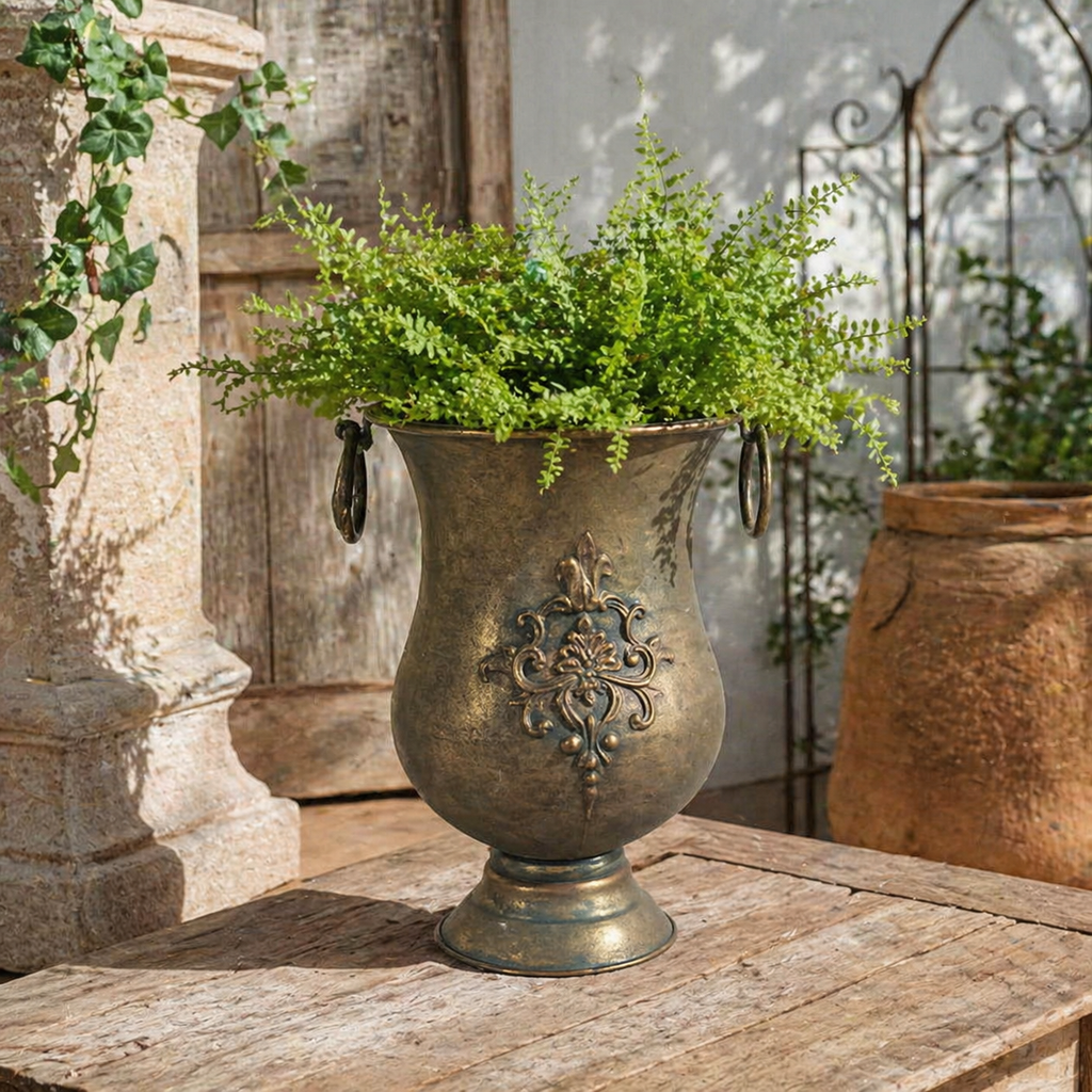 Distressed Vintage-Style Iron Urn Planter with Handles