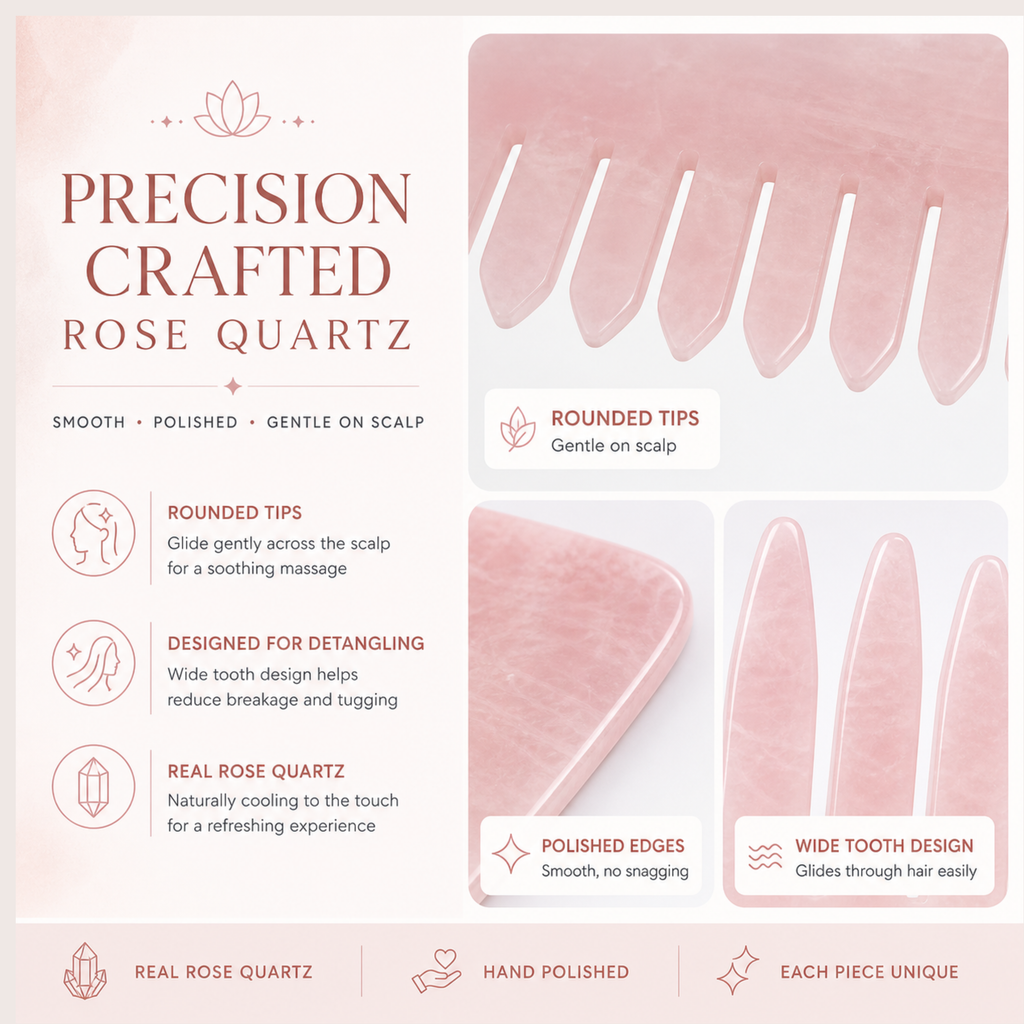 Crown Chakra Rose Quartz Comb – Crystal Scalp Massage & Wide Tooth Hair Comb