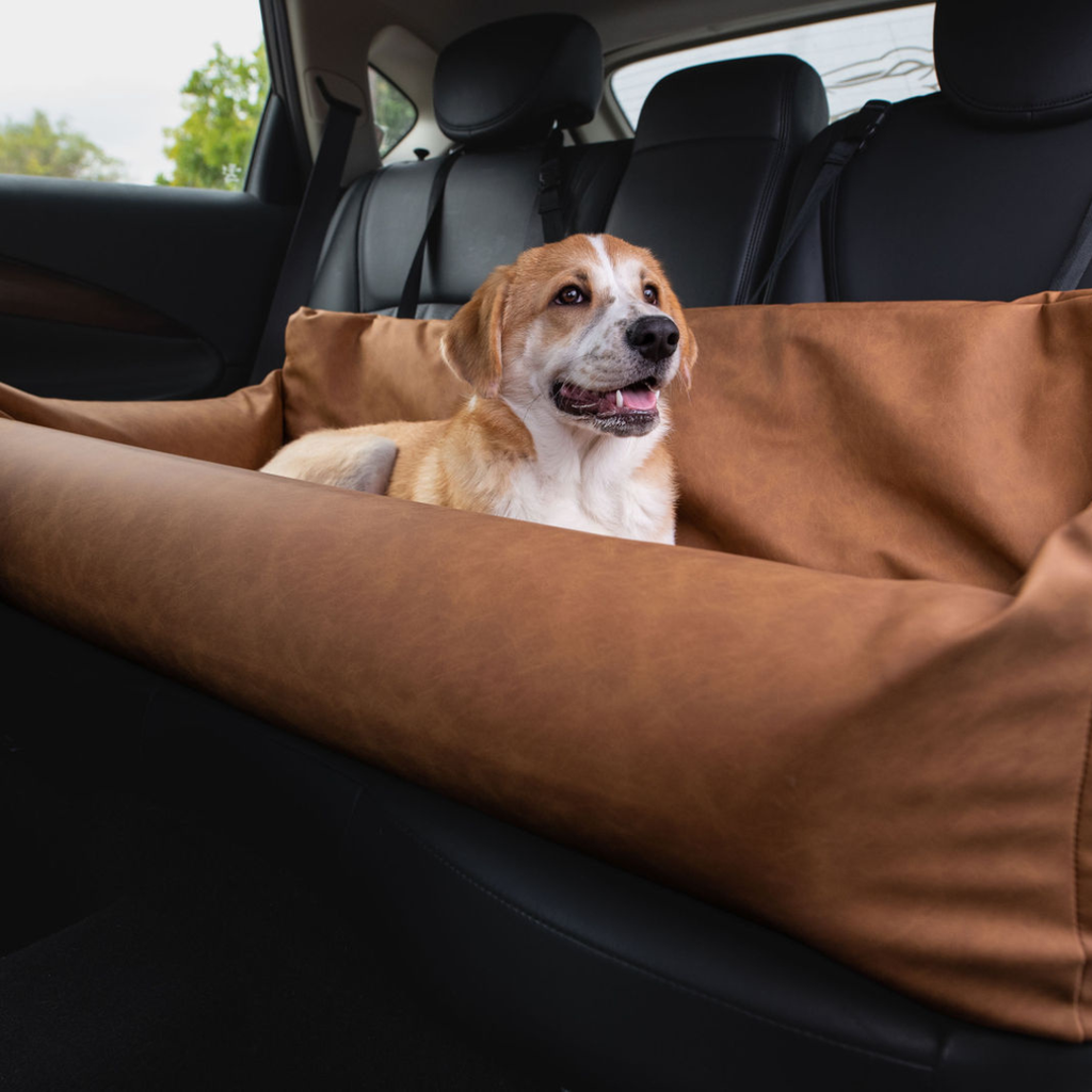 PupProtector™ Vegan Leather Memory Foam Dog Car Bed – Camel