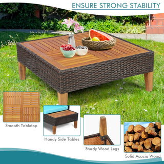 4-Piece Cushioned PE Rattan Patio Furniture Set with Acacia Wood Tables