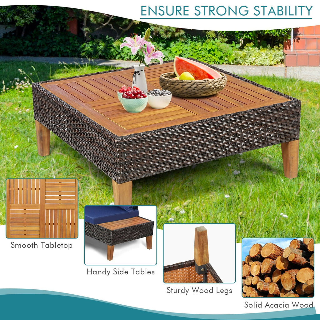4-Piece Cushioned PE Rattan Patio Furniture Set with Acacia Wood Tables
