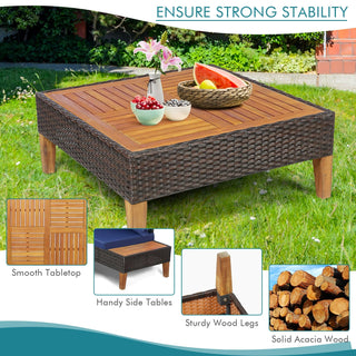 4-Piece Cushioned PE Rattan Patio Furniture Set with Acacia Wood Tables