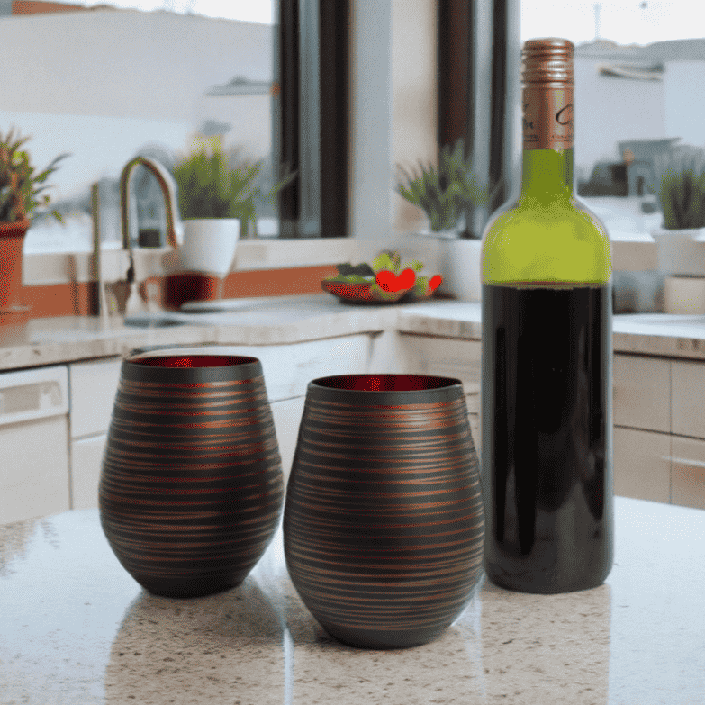 Black Swirl Stemless Wine Glasses with Copper Interior – Set of 2
