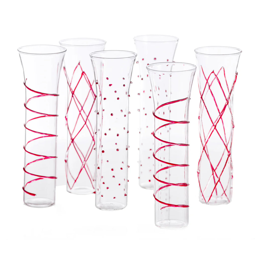 Razzle Dazzle Champagne Flutes with Clear/Gold/Red/Silver Accents, Set of 6