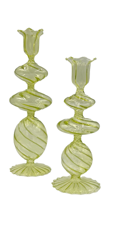 Green Swirl Glass Candlestick, Medium/Large, Set of 2