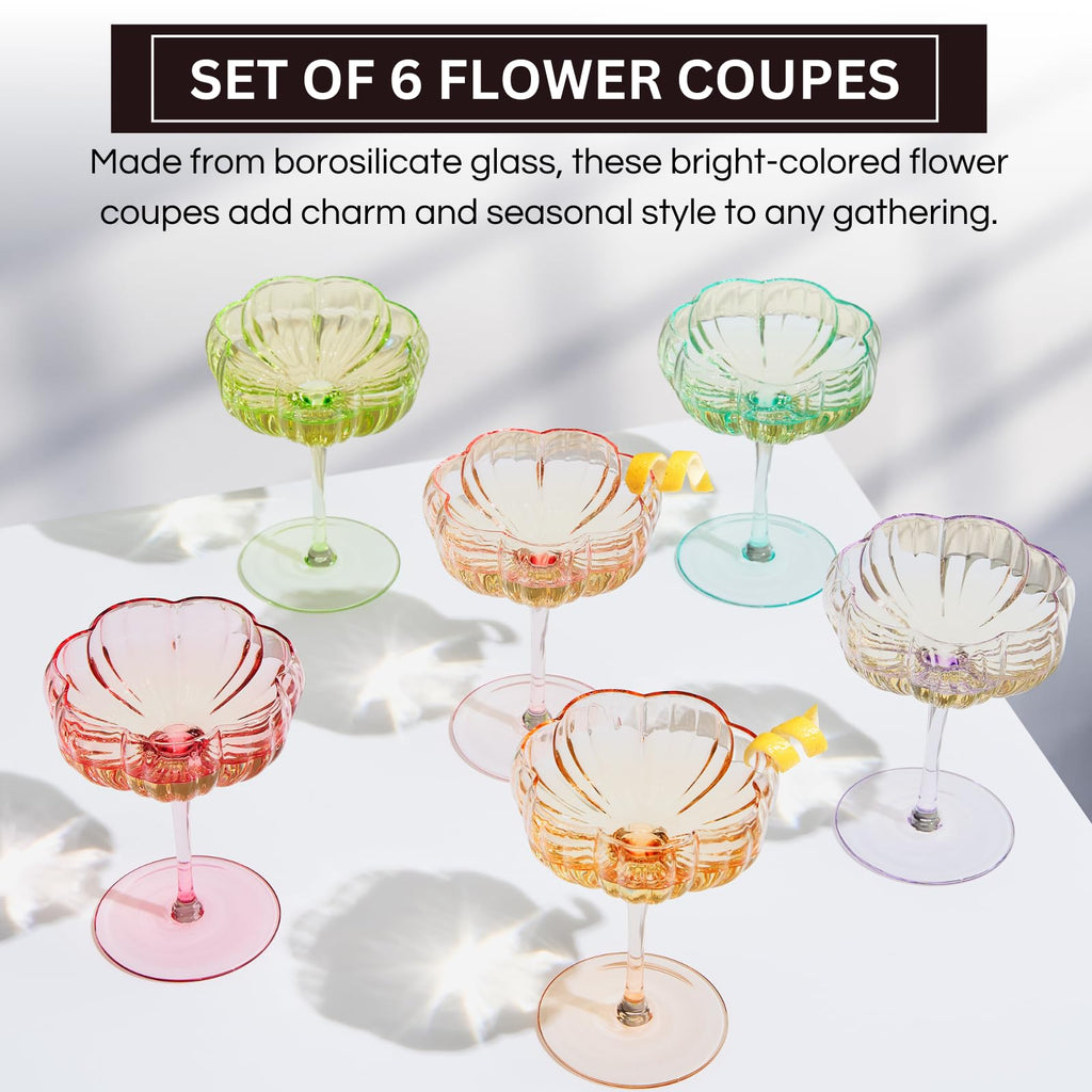 Flower Coupe Cocktail Glasses Set of 4 – Bright Multicolor Barware for Parties & Gifts