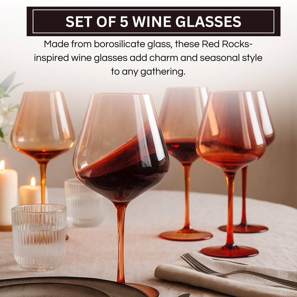 Red Rocks Gradient Colored Wine Glass Set of 5 – Elegant 20oz Glassware for Home Bar
