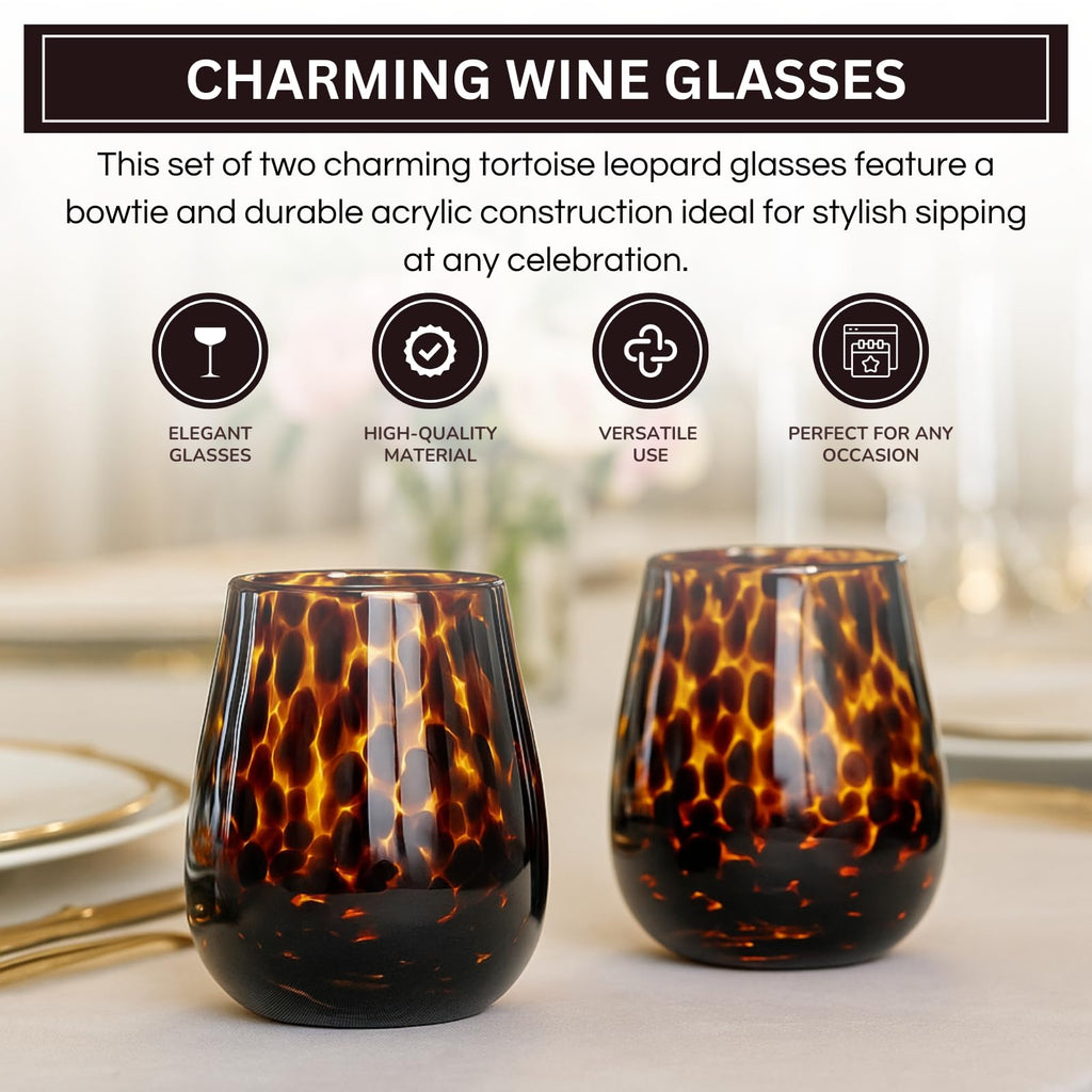 Leopard Print Amber Stemless Wine Glass Set of 2 – Trendy Colored Drinkware for Wine Lovers
