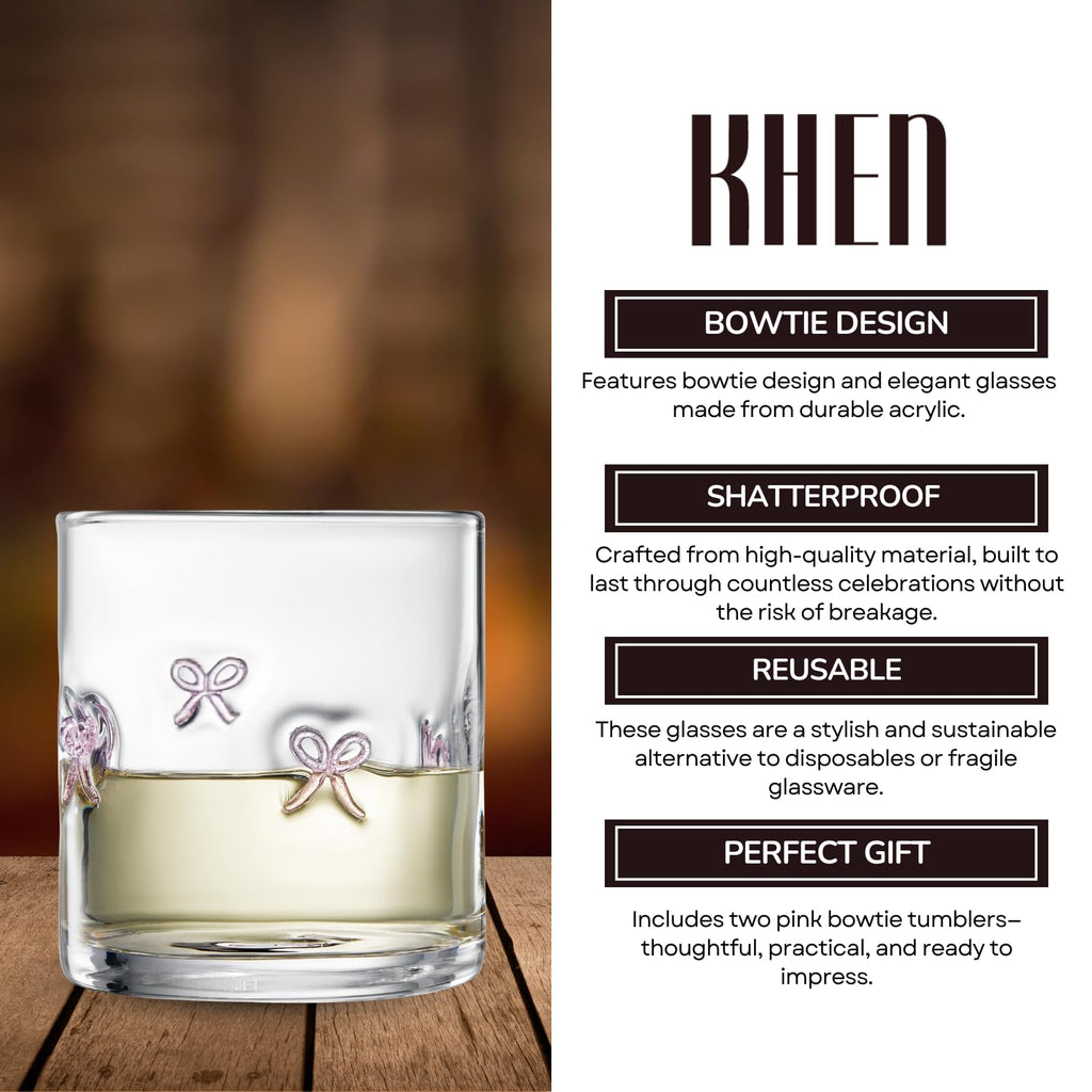 Khen Bowtie Tumblers Set Stylish Break Resistant Acrylic Drinkware for Cocktail Wedding Gift Use - Set of 2 Pink