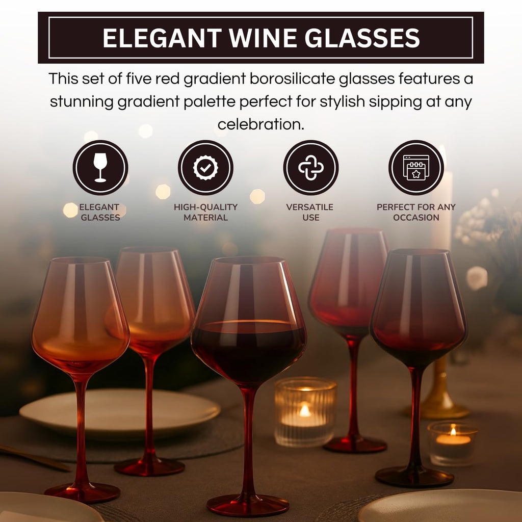 Red Rocks Gradient Colored Wine Glass Set of 5 – Elegant 20oz Glassware for Home Bar